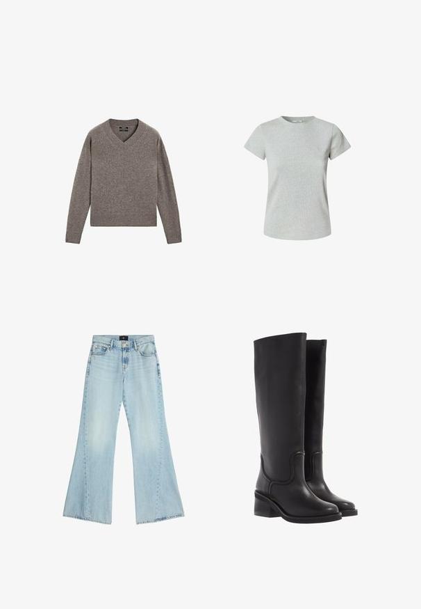 Grå strikket V-hals langærmet sweater med ribbede manchetter og kant, præsenteret fladt på en hvid baggrund.; Grå bomulds t-shirt med korte ærmer og rund halsudskæring. Glat struktur, klassisk pasform og ingen synlige mønstre eller dekorationer.; Lysblå vide jeans lavet af denim. Høj talje med fem-lomme design og rå kant. Bleg vask med subtile slidser og syningsdetaljer.; Sorte læder knæ-høje støvler med en glat tekstur, rund tå og en chunky hæl. Har diskret syninger og et strømlinet design.