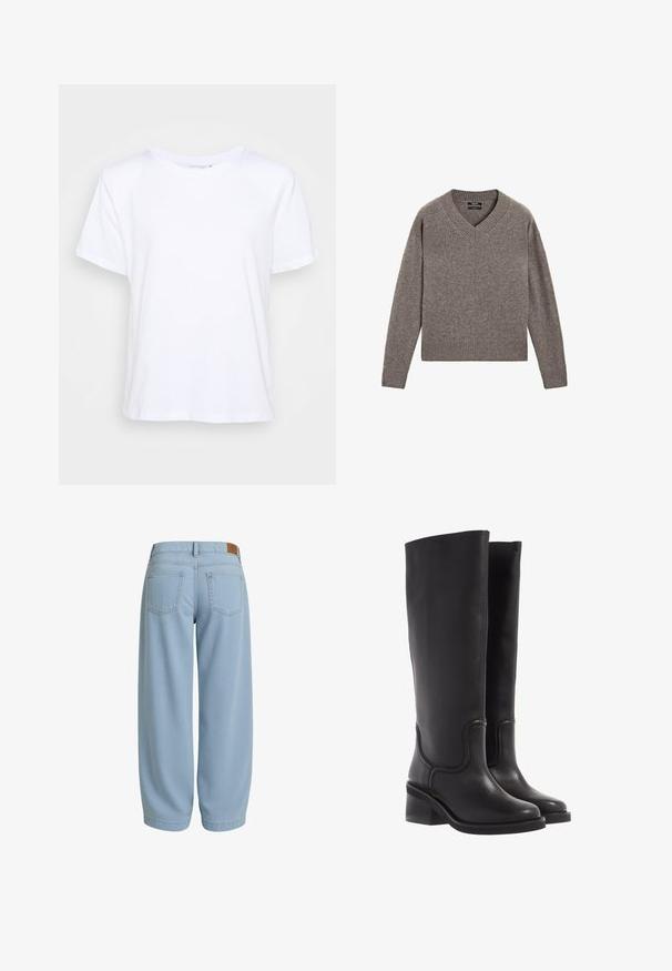 Grå strikket V-hals langærmet sweater med ribbede manchetter og kant, præsenteret fladt på en hvid baggrund.; Hvid bomulds T-shirt med rund halsudskæring, korte ærmer og afslappet pasform, der har en glat tekstur og et minimalistisk design.; Lysblå denimbukser med en afslappet pasform, der har to baglommer, en talje med en brun læderlappen og en tapered ankel.; Sorte læder knæ-høje støvler med en glat tekstur, rund tå og en chunky hæl. Har diskret syninger og et strømlinet design.