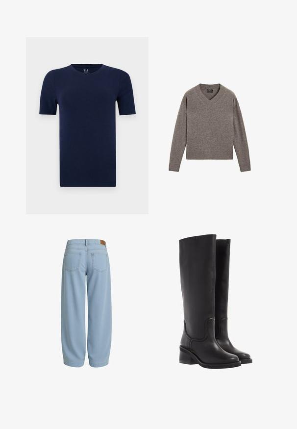 Grijze gebreide V-hals trui met lange mouwen en geribbelde manchetten en zoom, vlak op een witte achtergrond weergegeven.; Marineblauwe T-shirt met korte mouwen en ronde hals, gemaakt van zachte katoenstof. Heeft een normale pasvorm met rechte zomen voor een comfortabele design.; Lichtblauwe denim broeken met een relaxed fit, voorzien van twee achterzakken, een tailleband met een bruine leren label en toelopende enkels.; Zwarte leren kniehoge laarzen met een soepele textuur, ronde neus en een chunkyer heel. Heeft subtiele stiksels en een gestroomlijnd ontwerp.