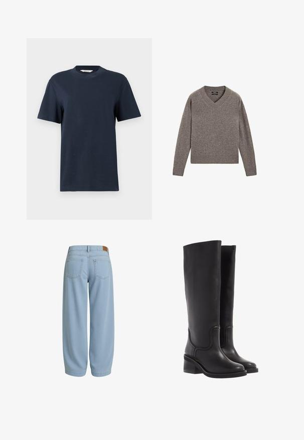 Grå strikket V-hals langærmet sweater med ribbede manchetter og kant, præsenteret fladt på en hvid baggrund.; Marineblå T-shirt med korte ærmer lavet af bomuld, med rund halsudskæring og en afslappet pasform med minimal detaljer.; Lysblå denimbukser med en afslappet pasform, der har to baglommer, en talje med en brun læderlappen og en tapered ankel.; Sorte læder knæ-høje støvler med en glat tekstur, rund tå og en chunky hæl. Har diskret syninger og et strømlinet design.