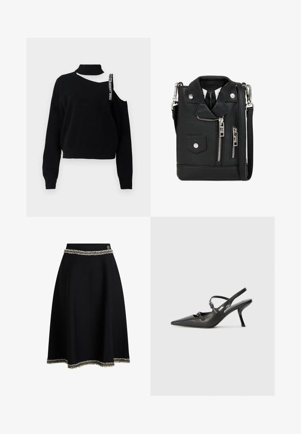 Zwarte trui met een hoge hals, één schouder bloot, en een opvallende band met de tekst "Karl Lagerfeld". Geweven breiwerk met geribbelde manchetten.; Zwarte rok met een uitlopende design, voorzien van een getextureerde tailleband en een decoratieve witte franjes langs de zoom.; Zwarte leren slingback hakken met een spitse neus, slanke hak en decoratieve gespdetails op de bovenkant. Gladde textuur en een strakke uitstraling.; Zwarte neplederen schoudertas, ontworpen als een motorjack. Voorzien van ritsen, drukkers en een schouderband. Compact met een stoere uitstraling.