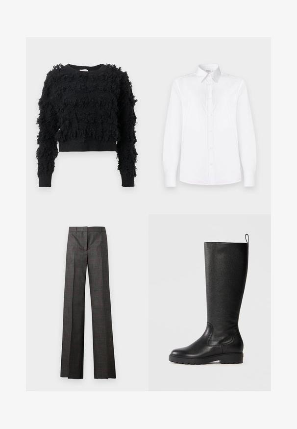 Pulover scurt negru cu o suprafață texturată și pufoasă. Mâneci lungi și guler rotund, cu modele neregulate pe întreaga țesătură.; Cămașă albă cu mâneci lungi, confecționată dintr-un material neted, având guler și deschidere cu nasturi de un roz deschis.; Pantaloni gri în carouri cu croi larg, având accente roșii, un finisaj neted și un tiv croit. Design cu talie medie, ideal pentru îmbrăcăminte formală.; Cizme negre până la genunchi, din piele texturată, cu vârf rotund, talpă din cauciuc rezistent cu aderență și o bucată de prindere în partea superioară.