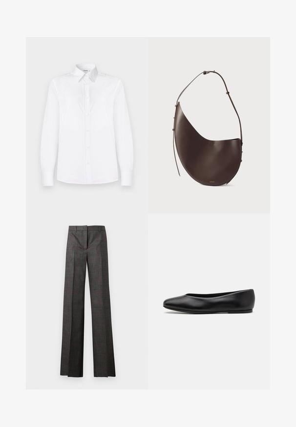 Juoda trumpa megztinis su tekstūruotu, pūkuotu paviršiumi. Ilgos rankovės ir apvalus kaklas, medžiagoje puikuojasi nelygios raštai.; Balta ilgomis rankovėmis marškinių, pagaminti iš lygios medžiagos, turi apykaklę ir mygtukų priekį su šviesiai rožiniais mygtukais.; Pilkos languotos kelnės plačiomis kojomis, su raudonais akcentais, glotnia danga ir pritaikytu juosmeniu. Vidutinio aukščio dizainas puikiai tinka oficialiam dėvėjimui.; Paul Smith TOPANGA - Balerinos stiliaus laivutės - black; Ruda odinė rankinė, turinti kreivą formą, vieną diržą ir minimalistinį dizainą. Sukurta su subtiliu logotipu ir auksiniais detalėmis.