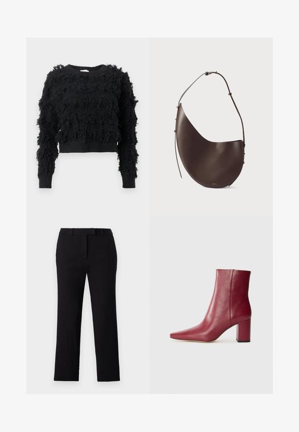 Fekete rövidített pulóver, texturált, bolyhos felülettel. Hosszú ujjak és kerek nyakú kivágás, az anyagon szabálytalan mintákkal.; Fekete egyenes szabású nadrág, lapos elülső résszel, derékrésszel és övhurkokkal. Sima szövet textura, minimális varrással, és nincsenek látható zsebek.; Bordó bőr bokacsizma hegyes orral, tömbsarkal és sima felülettel, látható hardver nélküli zökkenőmentes dizájnnal.; Barna bőr kézitáska ívelt formával, egyszálú pánttal és minimalista dizájnnal. Diszkrét logóval és arany színű fém részekkel rendelkezik.