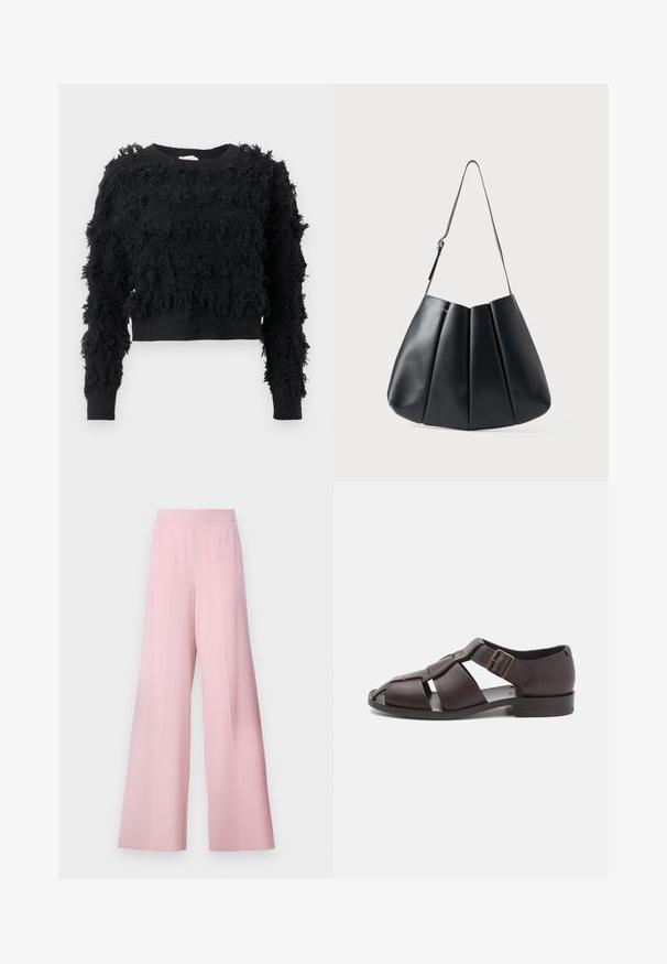 Czarny krótki sweter z teksturowanej, puszystej powierzchni. Długie rękawy i okrągły dekolt, z nieregularnymi wzorami na całej tkaninie.; Spodnie o szerokich nogawkach w jasnoróżowym kolorze, z gładką fakturą, wysokim stanem i bez widocznych wzorów czy akcentów.; Brązowe skórzane sandały z otwartym palcem, z wieloma paskami, z boku z klamrą i niskim obcasem w kształcie kostki. Gładka faktura.; Czarna skórzana torba na ramię z plisowanym wzorem, gładką powierzchnią, pojedynczym paskiem i subtelnym złotym akcentem.