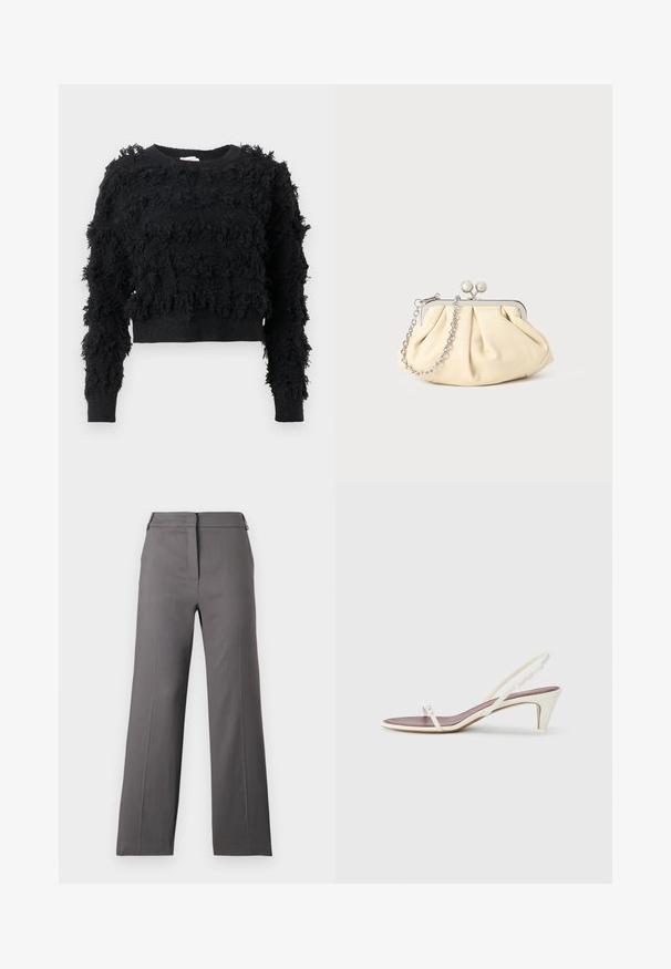 Black cropped sweater with a textured, fluffy surface. Long sleeves and a round neckline, featuring irregular patterns throughout the fabric.; Gray wide-leg trousers with a smooth texture, featuring a flat front, zipper closure, and minimal detailing. Tailored for a relaxed fit.; White slingback sandals with a slight heel, thin straps, and a smooth leather texture; features a small decorative buckle.; Pleated beige leather clutch with a silver metal frame, featuring two round decorative clasps and a silver chain strap.