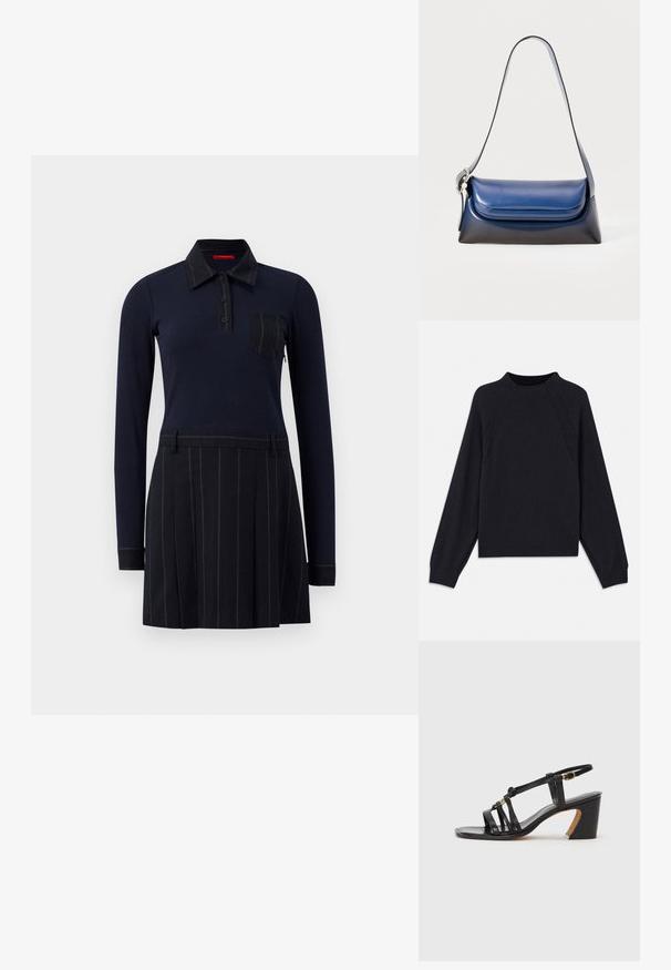 Tamsiai mėlynas megztukas su apvaliu iškirpimu, ilgomis raglan rankovėmis, rausvais rankogaliais ir tiesiu apatine dalimi. Pagamintas iš minkštos, tekstūruotos megztos medžiagos.; Kariniai polo suknelė su ilgomis rankovėmis, raukšlėta tekstūra, mygtukų uždarymu ir krūtine kišene; sijonas turi vertikalių juostelių ir klosčių.; Paul Smith AMIRA - Klasikiniai aukštakulniai - black; Tamsiai mėlyna odinė rankinė su lygiu paviršiumi, suapvalinta forma, sulankstytu viršumi ir viena petneša. Įtraukti sidabriniai aksesuarai.