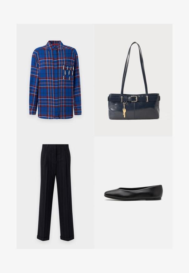 Dunkelblauer Pullover mit rundem Ausschnitt, langen Raglanärmeln, gerippten Bündchen und geradem Saum. Hergestellt aus einem weichen, strukturierten Strickmaterial.; Langärmliges, blaues Karoshirt mit roten und weißen Akzenten, dekorative Sicherheitsnadeln auf der Brusttasche, mit Kragen-Design.; Schwarz gestreifte Hose mit tailliertem Schnitt, mit einem umgeschlagenen Saum und vorderen Falten. Hergestellt aus glattem Stoff mit einer strukturierten Gestaltung.; Paul Smith TOPANGA - Klassischer Ballerina - black; Marineblaue Lederhandtasche mit zwei langen Griffen, einer Schnallen-Detailierung und einem daran befestigten Schlüsselanhänger. Besitzt eine glatte Textur und eine rechteckige Form.