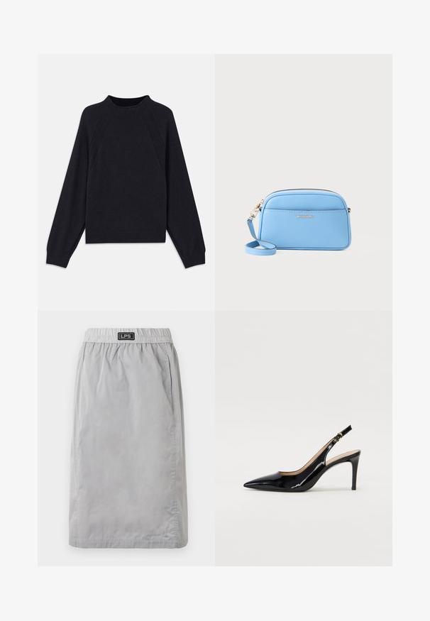 Tumši zilas krāsas džemperis ar apaļu kakla izgriezumu, garām raglanu piedurknēm, ribotām aprocēm un taisnu apakšu. Izgatavots no mīksta, teksturēta adījuma materiāla.; Pelēka, līdz ceļgaliem garuma svārki, kas izgatavoti no viegla materiāla, ar elastīgu jostasvīri un sānu kabatām. Zīmola etiķete "LPS" uz jostasvīres.; Melnas lakotās ādas slingback kurpes ar izteiktu degunu, šauru papēdi un smalku izgriezumu dizainu. Siksniņai ir zelta sprādze.; Gaiši zila ādas plecu soma ar zeltītām detaļām, ar rāvējslēdzēju un priekšējo kabatu. Iespējams regulēt siksnu, lai nodrošinātu ērtību.