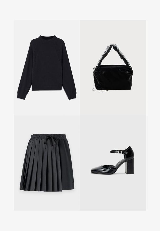 Mørk marinblå genser med rund hals, lange raglanermer, ribbestrikkede mansjetter og rett fald. Laget av et mykt, teksturert strikkemateriale.; Svart plisserte skjørt med elastisk liv og snøring; kombinerer glatt og teksturert stoff for et lagdelt utseende.; Sorte lakk lær høye hæler med firkantet tå, ankelrem og chunky hæl. Inkluderer perforerte detaljer langs kanten.; Svart veske i faux lær med tekstur, med en perlet sølvdetalj langs det øverste håndtaket og en kjede-rem.