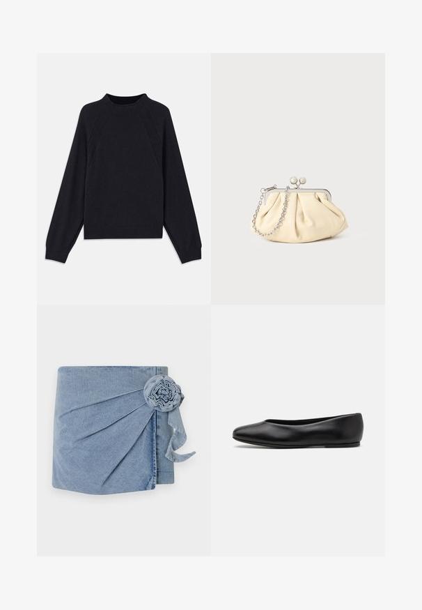 Sweater azul marinho escuro com decote redondo, mangas raglan longas, punhos canelados e barra reta. Feito de um material de malha macia e texturizada.; Envoltorio de denim com um tom azul claro, pregueado intrincado e um detalhe de flor decorativa com uma fita pendente. Textura suave e design casual.; Paul Smith TOPANGA - Sabrinas - black; Clutch de couro bege plissado com uma estrutura de metal prateado, apresentando dois fechos decorativos redondos e uma alça de corrente prateada.