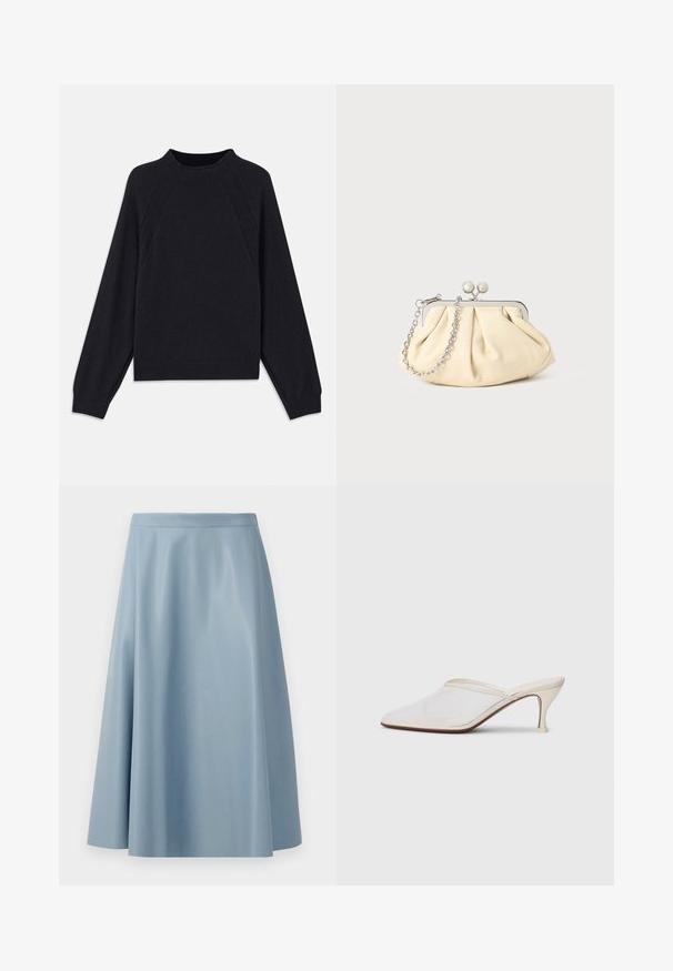 Tamsiai mėlynas megztukas su apvaliu iškirpimu, ilgomis raglan rankovėmis, rausvais rankogaliais ir tiesiu apatine dalimi. Pagamintas iš minkštos, tekstūruotos megztos medžiagos.; Šviesiai mėlyna, platesnė sijonas pagamintas iš lygaus audinio, turintis minimalistinį dizainą su švariu liemeniu ir jokiais matomais užsegimais.; Baltos tinklelio smailiakojės mules su plonu vidutinio aukščio kulnu ir užkulnio dizainu ant vientiso fono.; Plyšiniai smėlio spalvos odiniai rankinukai su sidabriniu metaliniu rėmu, turintys du apvalius dekoratyvinius užtrauktukus ir sidabrinę grandinėlę.