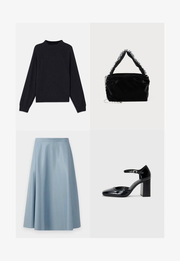 Dark navy sweater with a round neckline, long raglan sleeves, ribbed cuffs, and a straight hem. Made from a soft, textured knit material.; A light blue, flared skirt made of smooth fabric, featuring a minimalist design with a clean waistline and no visible fastenings.; Black patent leather high-heeled shoes with a square toe, ankle strap, and a chunky heel. Includes perforated detailing along the rim.; Black faux leather handbag with a textured finish, featuring a beaded silver accent along the top handle and a chain strap.