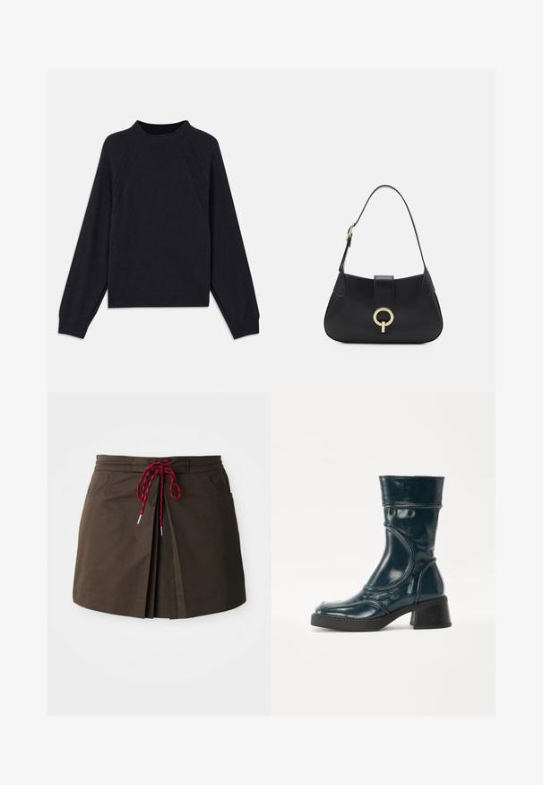Tmavomodrý sveter s okrúhlym výstrihom, dlhými raglánovými rukávmi, rebrovanými manžetami a rovnom lemom. Vyrobený z mäkkého, textúrovaného pleteného materiálu.; Hnedá sukňa z látky so skladaným dizajnom, červeným a čiernym šnúrkovým pásom a dvoma prednými vreckami. Jednoduchý a funkčný štýl.; MIISTA MALENE - Čižmy - navy; Čierna kožená kabelka s zakrivenou siluetou, krátkym popruhom, stredným zlatým kovovým detailom a hladkou textúrou. Bez viditeľných vzorov alebo akcentov.