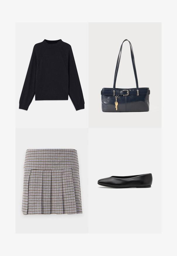 Pull en marine foncé avec un col rond, des manches raglan longues, des poignets côtelés et un ourlet droit. Fabriqué en un matériau tricoté doux et texturé.; Jupe plissée dans un motif écossais marron, beige et bleu. Fabriquée à partir d'un tissu texturé avec une taille ajustée et des plis décoratifs.; Paul Smith TOPANGA - Ballerines - black; Sac à main en cuir bleu marine avec deux longues poignées, un détail de boucle et un porte-clés accroché. Il présente une texture lisse et une forme rectangulaire.