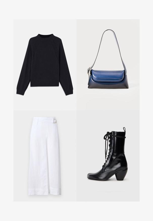 Donkerblauwe trui met een ronde halslijn, lange raglanmouwen, geribbelde manchetten en een rechte zoom. Gemaakt van een zachte, gestructureerde breimateriaal.; Witte linnen culottes met een wijd model, voorzien van een riem met een ronde metalen gesp en platte voorplooien.; Zwarte leren enkellaarzen met een vierkante neus, voorzijde met vetersluiting en een chunky, geflared hak. Gladde textuur en een strakke afwerking.; Marineblauwe leren handtas met een gladde afwerking, met een ronde vorm, gevouwen bovenkant en een enkele schouderband. Inclusief zilveren accenten.