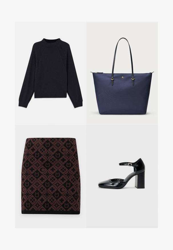 Dunkelblauer Pullover mit rundem Ausschnitt, langen Raglanärmeln, gerippten Bündchen und geradem Saum. Hergestellt aus einem weichen, strukturierten Strickmaterial.; Strickrock mit einem geometrischen Muster in Schwarz und Braun, das verschiedene Symbole zeigt, in taillierter Form und mit einem schwarzen Bündchen am Saum.; Schwarze patentierte Leder-High Heels mit quadratischer Zehenform, Knöchelriemchen und dicker Absatz. Enthält durchbrochene Details entlang des Randes.; Dunkelblaues Tragetasche aus strukturiertem Stoff, mit schwarzen Ledergriffen und goldenen Hardware-Details. Reißverschlussverschluss an der Oberseite.