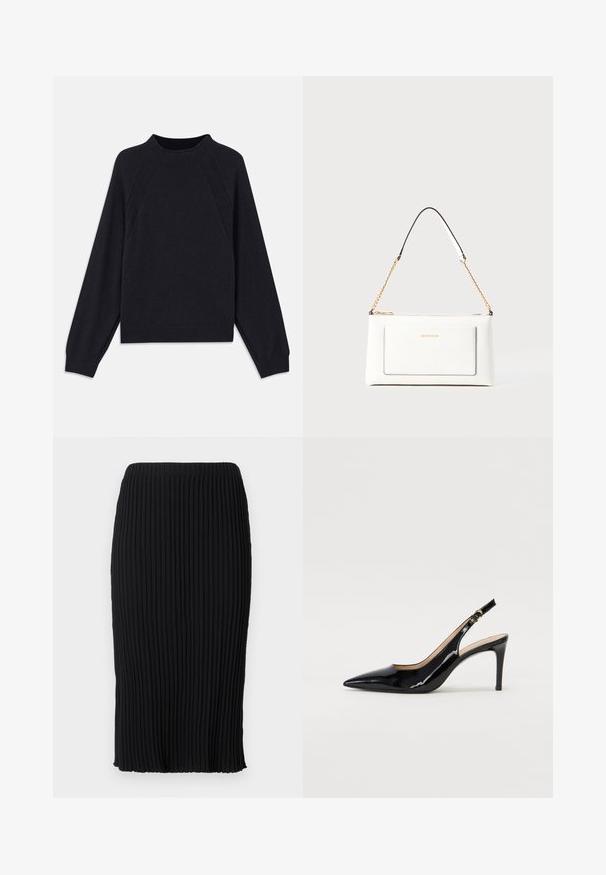 Tumši zilas krāsas džemperis ar apaļu kakla izgriezumu, garām raglanu piedurknēm, ribotām aprocēm un taisnu apakšu. Izgatavots no mīksta, teksturēta adījuma materiāla.; Melna midi svārki ar vertikālām krokām, elastīgu jostasvietu un sānu šķēlumu. Izgatavoti no elastīga auduma, gludas tekstūras un pieguļošs dizains.; Melnas lakotās ādas slingback kurpes ar izteiktu degunu, šauru papēdi un smalku izgriezumu dizainu. Siksniņai ir zelta sprādze.; Baltā ādas rokassomu ar teksturētu apdari, ar zelta ķēdes siksnu un melniem akcentiem. Iekļauj priekšējo kabatu un aizdari ar rāvējslēdzēju.