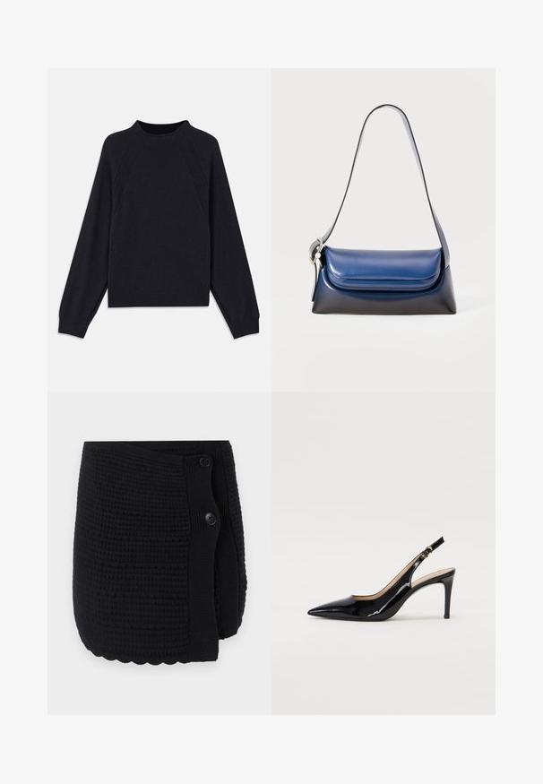 Tmavě námořnický svetr s kulatým výstřihem, dlouhými raglánovými rukávy, žebrovanými manžetami a rovním lemem. Vyroben z měkké, texturované pleteniny.; Černý pletený šál s texturovaným vzorem, vlnkovaným lemem a dvěma velkými knoflíky pro zapínání. Měkký materiál s útulným designem.; Černé lakované slingback lodičky s špičatou špičkou, úzkým podpatkem a jemným výřezem. Obsahují zlatou sponu na řemínku.; Námořnická kožená kabelka s hladkým povrchem, zaobleného tvaru, s sklopeným vrchem a jedním ramenním popruhem. Obsahuje stříbrné kovové doplňky.