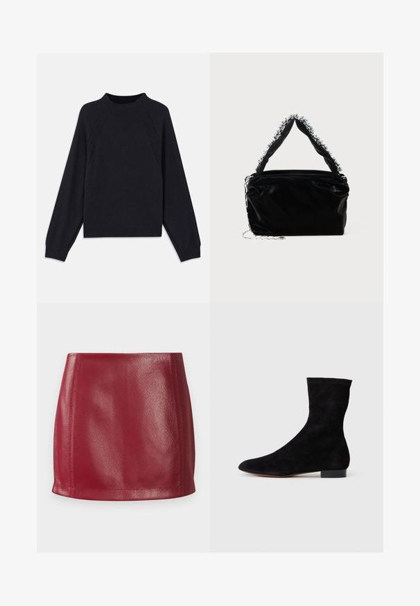 Mörkblå tröja med rund halsringning, långa raglanärmar, ribbade mudd och rak nederkant. Tillverkad av ett mjukt, texturerat stickat material.; Röd imiterad läder minikjol med en slät yta, åtsittande design och rak nederkant med subtil glans och diagonal mönsterdetalj.; Svart mocka ankelboots med en åtsittande skaft, spetsig tå och låg blockklack. Slät yta och minimalistisk design, lämplig för mångsidig styling.; Svart handväska i konstläder med en strukturerad yta, med en pärlbesatt silverdetalj längs det övre handtaget och ett kedjestropp.
