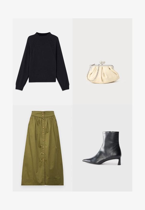 Mørkeblå sweater med rund halsudskæring, lange raglanærmer, ribbede manchetter og lige nederkant. Fremstillet af et blødt, tekstureret strikmateriale.; Vanessa Bruno DARJA - A-snit nederdel - safari; Sort læder ankelstøvle med spids tå og et strømlinet design. Har en lav hæl og en lynlås lukning bagpå. Glat tekstur.; Plisseret beige læderclutch med en sølvmetalramme, der har to runde dekorative låse og en sølvkædetrasporte.