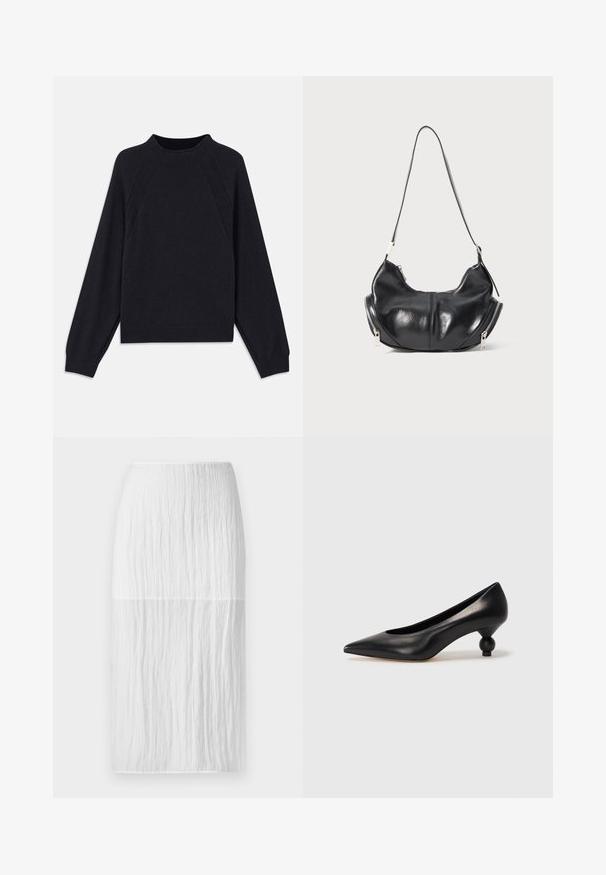 Suéter azul marino oscuro con un escote redondo, mangas largas estilo raglán, puños acanalados y un dobladillo recto. Confeccionado en un material de punto suave y texturizado.; Falda blanca hasta la rodilla hecha de un tejido texturizado con pliegues verticales, que presenta una cinturilla suave y una silueta recta.; Zapato de tacón alto de cuero negro con puntera afilada y un tacón redondeado y abombado. Textura suave con un diseño elegante y minimalista.; Bolso de hombro de cuero negro en forma de media luna con cremalleras plateadas a ambos lados y una sola correa.