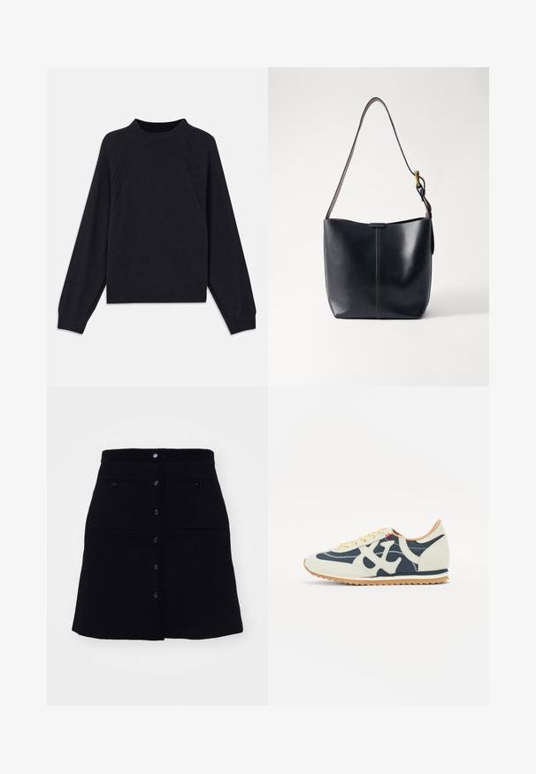 Donkerblauwe trui met een ronde halslijn, lange raglanmouwen, geribbelde manchetten en een rechte zoom. Gemaakt van een zachte, gestructureerde breimateriaal.; sandro JUPE TRAPEZE POCHES - A-lijn rok - noir; Sneaker met een mix van crème, marineblauw en suède materialen, vetersluiting, diagonale stiksels en een rubberen zool met grip.; Zwarte leren schoudertas met een gladde textuur, voorzien van een dunne, lange schouderband en een subtiele stiknaad in het midden.