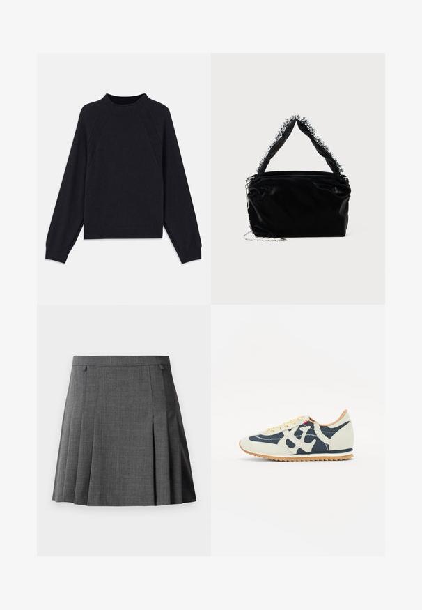 Dunkelblauer Pullover mit rundem Ausschnitt, langen Raglanärmeln, gerippten Bündchen und geradem Saum. Hergestellt aus einem weichen, strukturierten Strickmaterial.; Grauer plissierter Rock mit einem taillierten Bund, aus einem glatten, mittelschweren Stoff gefertigt.; Sneaker aus einer Mischung von Creme-, Marineblau- und Wildledermaterialien, mit Schnürdesign, diagonaler Naht und Gummisohle mit Profil.; Schwarze Handtasche aus Kunstleder mit strukturiertem Finish, ausgestattet mit einem mit Perlen verzierten silbernen Akzent am oberen Griff und einem Kettenriemen.