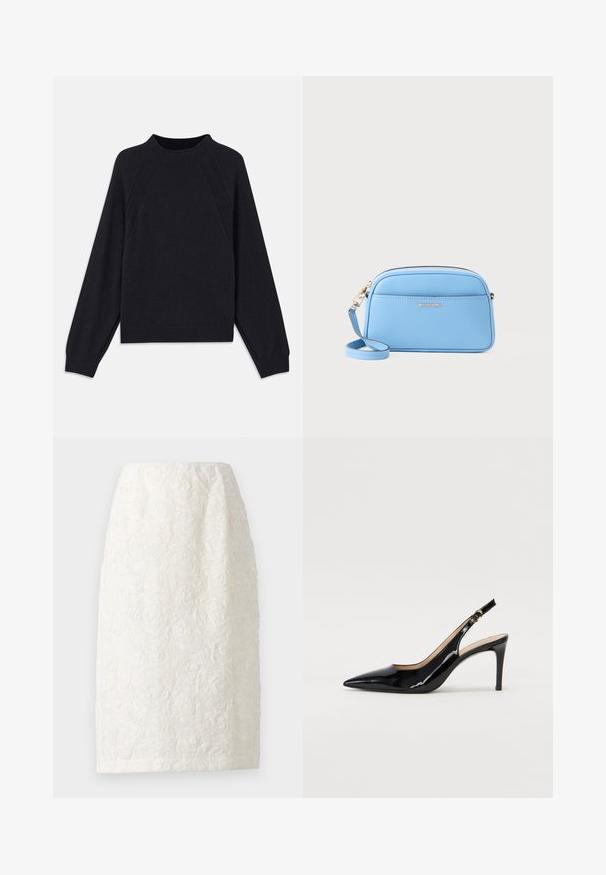 Ciemnoniebieski sweter z okrągłym dekoltem, długimi rękawami raglanowymi, ściągaczami u dołu i prostym brzegiem. Wykonany z miękkiego, fakturowanego materiału dzianinowego.; Spódnica do kolan w kolorze białym z teksturowanym wzorem kwiatowym, z uniesionymi motywami róż i subtelnym połyskiem. Prosta, prosta sylwetka.; Czarne lakierowane szpilki typu slingback z szpiczastym noskiem, smukłym obcasem i subtelnym wycięciem. Posiadają złotą klamrę na pasku.; Jasnoniebieska skórzana torebka na ramię z złotymi akcentami, zamknięciem na zamek błyskawiczny i przednią kieszenią. Posiada regulowany pasek dla wygody.