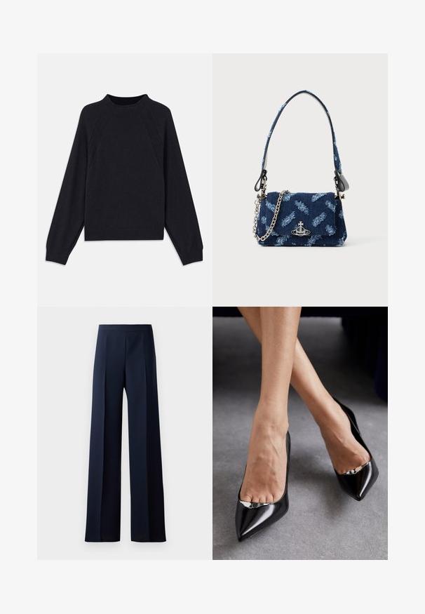 Temno modra majica s krožnim izrezom, dolgimi raglan rokavi, rebrastimi manšetami in ravnim robom. Narejena iz mehke, teksturirane pletene tkanine.; Hlače širokega kroja v temno modri tkanini, z gladko teksturo, diskretno sprednjo gubo in prilegajočim pasom za eleganten videz.; Črne usnjene čevlje z visokimi petami in poudarjenim nosom, odprto zasnovo z dekorativnim srebrnim dodatkom. Gladka tekstura s poliranim koncem.; Mornarsko modra torbica iz blaga z teksturiranim dizajnom, srebrno okovje in snemljiva verižica. Ima zaponko na pokrovu in poudarjen logotip.
