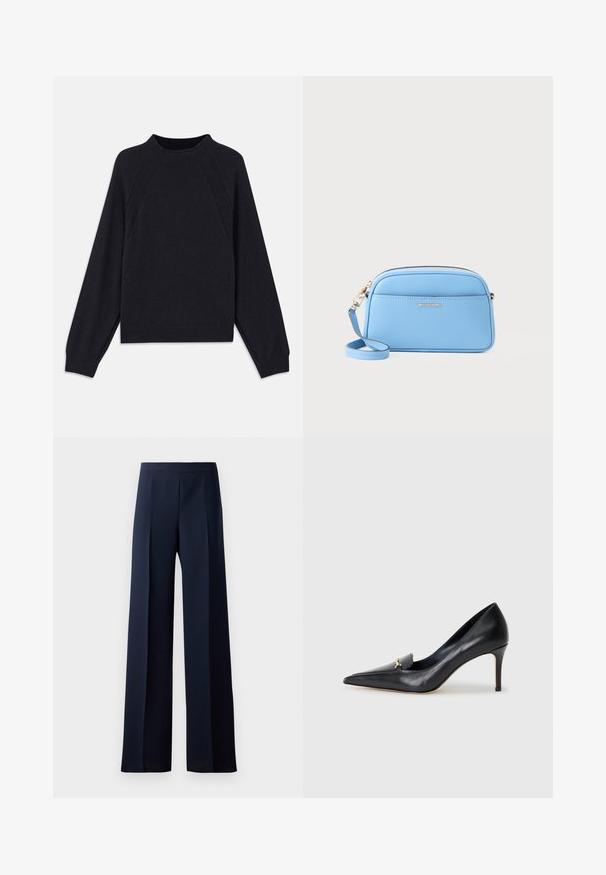 Sötét tengerészkék pulóver kerek nyakkivágással, hosszú raglán ujjal, bordázott mandzsettával és egyenes szegéllyel. Puha, texturált kötött anyagból készült.; Sötét navy színű, bő szárú nadrág, sima textúrával, enyhe elülső redőkkel és egyenes vonalú siluettel rendelkező, testhez simuló derékkal.; Fekete bőr magassarkú cipő hegyes orral, alacsony dekoltázzsal és díszes arany részlettel. Stiletto sarokkal és sima felülettel rendelkezik.; Világoskék bőr keresztpántos táska aranyszínű fémszerelvényekkel, cipzáras záródással és elülső zsebbel. Állítható pánttal rendelkezik a kényelmes viselet érdekében.