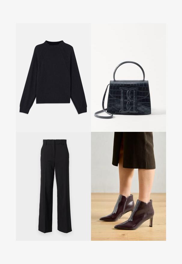 Maglione blu scuro con scollatura rotonda, maniche lunghe a raglan, polsini a coste e orlo dritto. Realizzato in un morbido materiale a maglia testurizzato.; Pantaloni neri sartoriali con un design a gamba dritta e ampia, caratterizzati da una superficie liscia e un fronte piatto con passanti per la cintura.; Stivaletti alla caviglia in pelle bordeaux con punta affusolata e tacco sottile. Presentano una zip laterale e una superficie liscia e lucida.; Borsa in pelle nera con incisione a forma di coccodrillo, dal design strutturato, dotata di manico superiore, tracolla regolabile e un evidente dettaglio logo frontale.