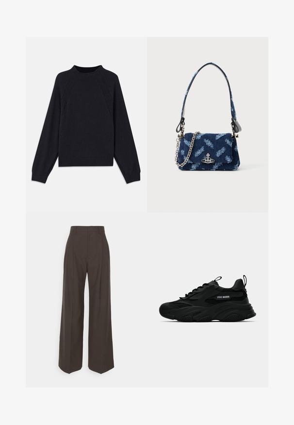 Dark navy sweater with a round neckline, long raglan sleeves, ribbed cuffs, and a straight hem. Made from a soft, textured knit material.; Dark brown wide-leg trousers with a high waist, featuring neatly pressed creases, smooth texture, and a tailored fit.; Black Steve Madden chunky sneaker with mesh panels, thick sole, pull tabs on tongue and heel, side logo lettering, shown in profile.; Navy blue fabric handbag with a textured design, silver hardware, and a detachable chain strap. Features a flap closure and logo accent.