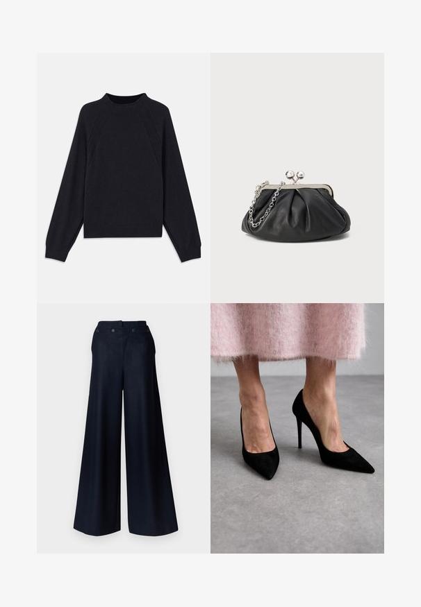 Dunkelblauer Pullover mit rundem Ausschnitt, langen Raglanärmeln, gerippten Bündchen und geradem Saum. Hergestellt aus einem weichen, strukturierten Strickmaterial.; Weit geschnittene Hosen aus dunklem Marineblau mit hoher Taille, zwei vorderen Taschen und strukturierten Knopfverschlüssen für eine maßgeschneiderte Passform.; Schwarze Wildleder-High Heels mit spitzen Zehen und Stiletto-Absätzen. Getragen mit einem pinken, flauschigen Rock liegt der Fokus auf dem Schuhtdesign und der Textur.; Schwarze Leder-Clutch mit geraffter Textur, silberfarbener Metallrahmen, Druckverschluss und Kettenriemen. Glatte, weiche Oberfläche.
