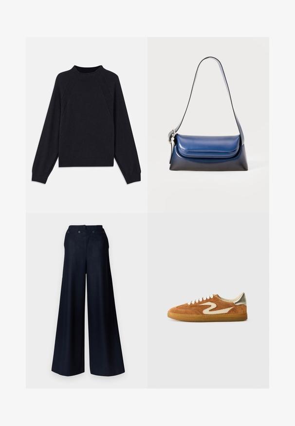 Tumma laivansinisestä neuleesta, jossa on pyöreä kaula-aukko, pitkät raglan-hihat, ribbireunat ja suora helma. Valmistettu pehmeästä, tekstuuripintaisesta neulemateriaalista.; Valkoiset muotot sisältävät tummansiniset leveälahkeiset housut, joissa on korkea vyötärö, kaksi etutaskua ja jämäkät napit, jotka tarjoavat istuvan leikkauksen.; Biksehtarsneakersit ruskeassa ja kermassa, joissa on ainutlaatuinen sahalaitakuosi, beige nauhat ja kuminen pohja. Metalliset yksityiskohdat kantapäässä.; Laukkureppu sinisestä nahasta, jossa on sileä pinta, pyöreä muoto, taitettu yläosa ja yksittäinen olkahihna. Mukana hopeinen varuste.