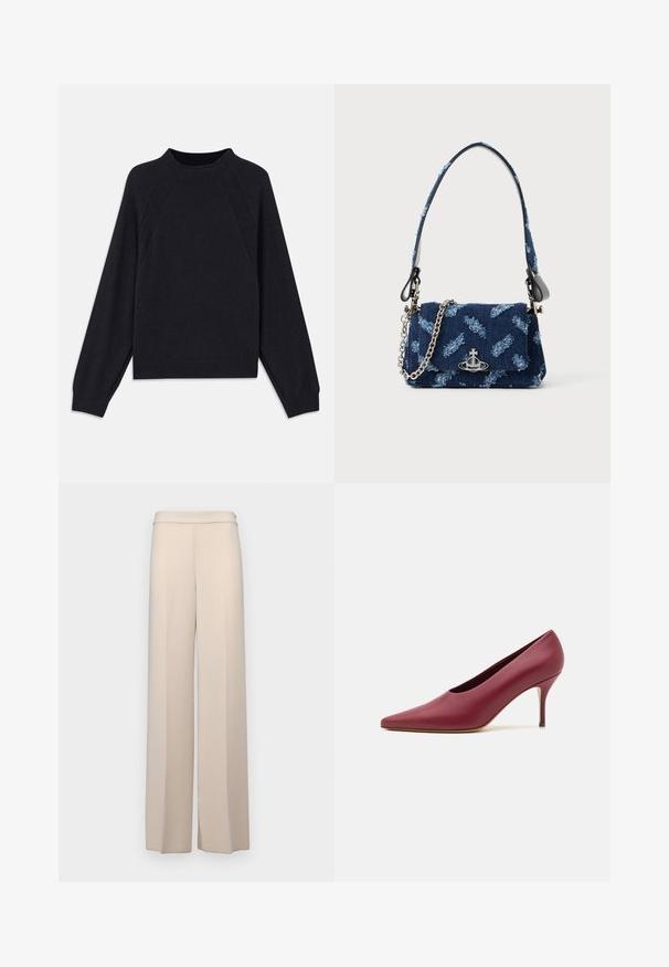 Dark navy sweater with a round neckline, long raglan sleeves, ribbed cuffs, and a straight hem. Made from a soft, textured knit material.; Beige wide-leg pants in a smooth fabric, featuring a high waist and subtle front pleats. No pockets or visible hardware details.; Burgundy leather high-heeled pump with a pointed toe and smooth texture, featuring a slender heel for an elegant silhouette.; Navy blue fabric handbag with a textured design, silver hardware, and a detachable chain strap. Features a flap closure and logo accent.