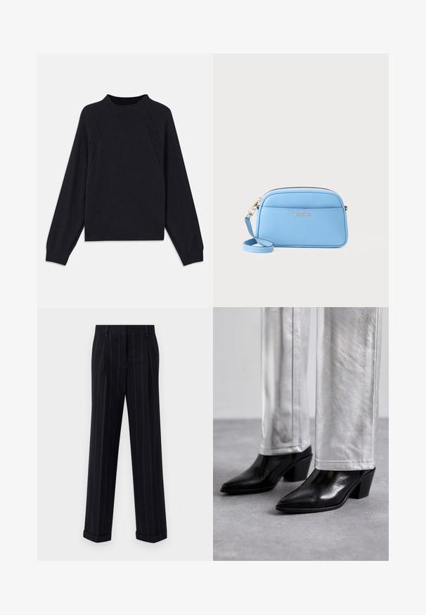 Tamsiai mėlynas megztukas su apvaliu iškirpimu, ilgomis raglan rankovėmis, rausvais rankogaliais ir tiesiu apatine dalimi. Pagamintas iš minkštos, tekstūruotos megztos medžiagos.; Juodi smėliniai kelnes su pritaikytu siluetu, su manžetėmis ir priekinėmis klostėmis. Pagaminta iš lygaus audinio su struktūrizuotu dizainu.; Juodos odinės aulinės botai su smailiu pirštu ir blokuotu kulnu, derinami su blizgiais sidabro spalvos kelnėmis, atskleidžiančiais glotnias tekstūras ir kontrastingas spalvas.; Šviesiai mėlyna odinė per Petį nešama rankinė su auksinės spalvos detalėmis, užtrauktuko uždarymu ir priekinėmis kišenėmis. Yra reguliuojama dirželis patogumui.