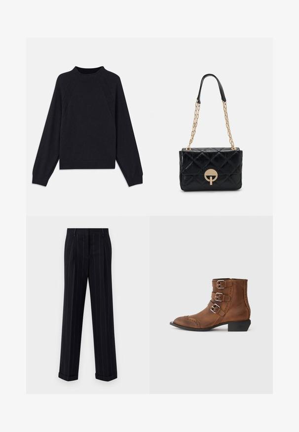 Tmavě námořnický svetr s kulatým výstřihem, dlouhými raglánovými rukávy, žebrovanými manžetami a rovním lemem. Vyroben z měkké, texturované pleteniny.; Černé pruhované kalhoty s úzkým střihem, se zúženým lemem a předními sklady. Vyrobené z hladkého materiálu se strukturovaným designem.; Hnědé kožené kotníkové boty s třemi stříbrnými přezkami, špičatou špičkou a dekoračním prošíváním po stranách. Nízký blokový podpatek.; Černá prošívaná kožená kabelka se zlatým řetězovým popruhem, zdobená kulatým uzávěrem. Kompaktní obdélníkový tvar s hladkým povrchem.