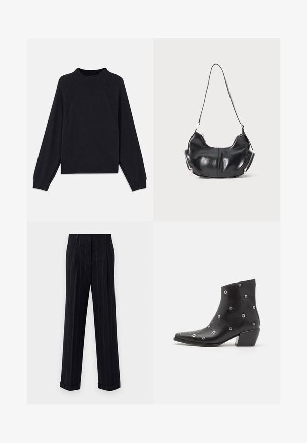 Dark navy sweater with a round neckline, long raglan sleeves, ribbed cuffs, and a straight hem. Made from a soft, textured knit material.; Black pinstriped trousers with a tailored fit, featuring a cuffed hem and front pleats. Made of smooth fabric with a structured design.; Black leather ankle boot with silver eyelet detailing, pointed toe, and a block heel. Sleek design with a smooth texture.; Black leather crescent-shaped shoulder bag with silver zippers on both sides and a single strap.