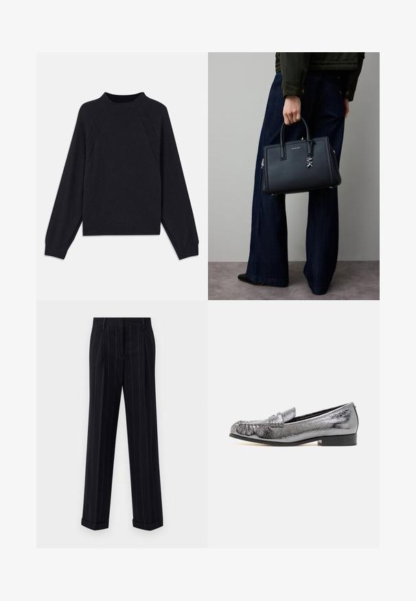Suéter azul marino oscuro con un escote redondo, mangas largas estilo raglán, puños acanalados y un dobladillo recto. Confeccionado en un material de punto suave y texturizado.; Pantalones a rayas negras con un corte ajustado, que cuentan con un dobladillo prensado y pliegues en la parte delantera. Fabricados con un tejido suave y un diseño estructurado.; Mocasín de cuero plateado metálico con un acabado texturizado, que presenta un detalle de flecos y un tacón bajo negro. Forma clásica y estilizada.; Bolso de cuero negro con un diseño estructurado, asas superiores, herrajes plateados y un detalle prominente del logo MK. Llevado con pantalones de mezclilla oscuros.