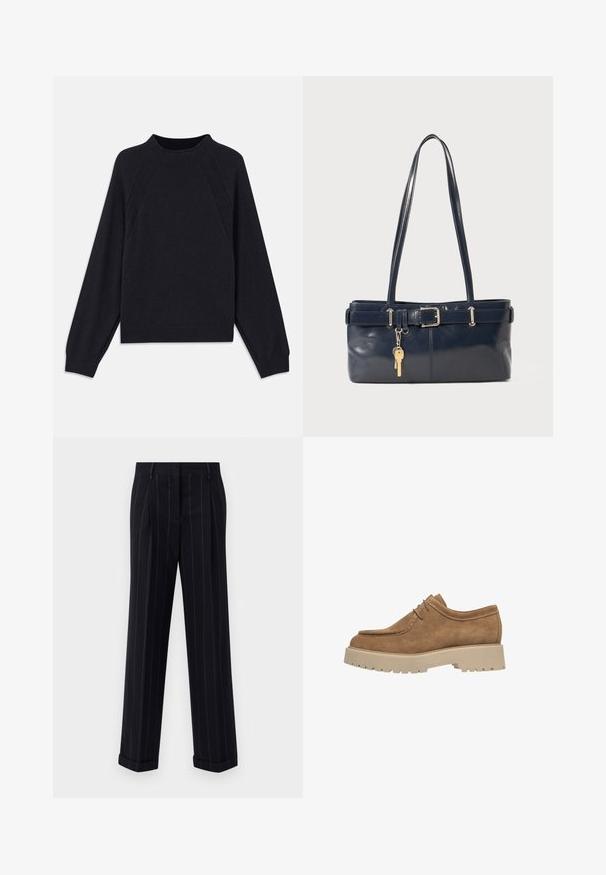 Suéter azul marino oscuro con un escote redondo, mangas largas estilo raglán, puños acanalados y un dobladillo recto. Confeccionado en un material de punto suave y texturizado.; Pantalones a rayas negras con un corte ajustado, que cuentan con un dobladillo prensado y pliegues en la parte delantera. Fabricados con un tejido suave y un diseño estructurado.; Zapato de ante marrón con puntera redondeada, diseño de cordones y suela de goma beige gruesa con profundas estrías para mayor tracción.; Bolso de mano de cuero navy con dos asas largas, un detalle de hebilla y un llavero adjunto. Presenta una textura suave y una forma rectangular.