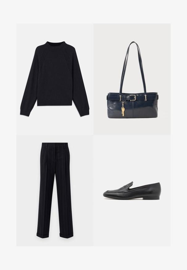 Pull en marine foncé avec un col rond, des manches raglan longues, des poignets côtelés et un ourlet droit. Fabriqué en un matériau tricoté doux et texturé.; Pantalons noirs à rayures fines avec une coupe ajustée, dotés d'un ourlet à revers et de plis avant. Fabriqués en tissu lisse avec un design structuré.; Filippa K LOGO SOFT LOAFERS - Chaussons - black; Sac à main en cuir bleu marine avec deux longues poignées, un détail de boucle et un porte-clés accroché. Il présente une texture lisse et une forme rectangulaire.