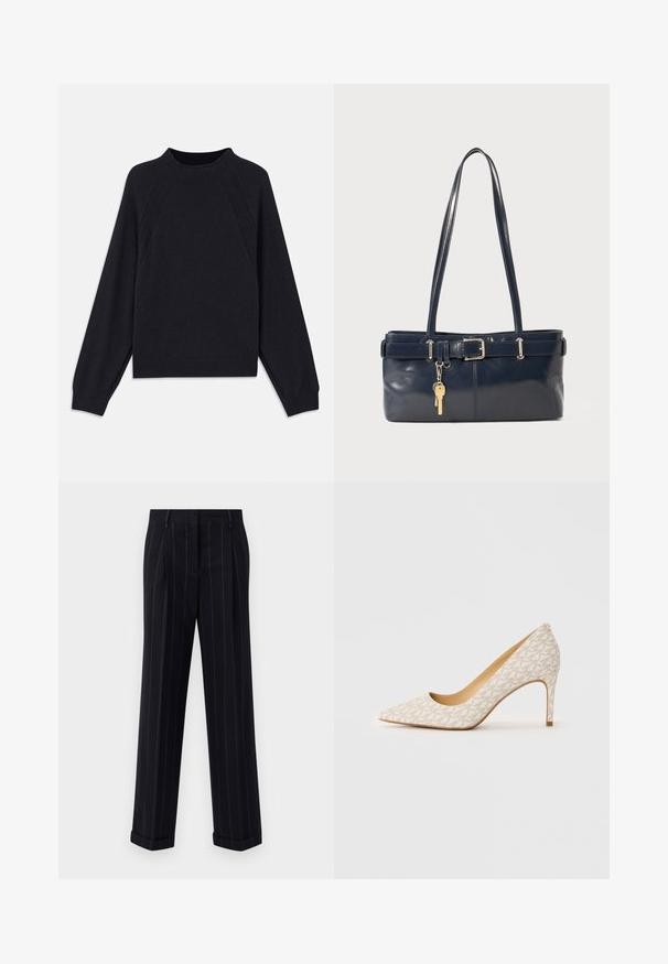 Sweater azul marinho escuro com decote redondo, mangas raglan longas, punhos canelados e barra reta. Feito de um material de malha macia e texturizada.; Calças pretas risca de giz com um ajuste sob medida, apresentando uma bainha com dobra e pregas frontais. Feitas de um tecido suave com um design estruturado.; Sapato de salto alto bege com bico pontudo, salto fino tipo stiletto e padrão geométrico subtil no cabedal.; Bolsa de couro azul-marinho com duas alças longas, um detalhe de fivela e um porta-chaves anexado. Apresenta uma textura suave e uma forma retangular.