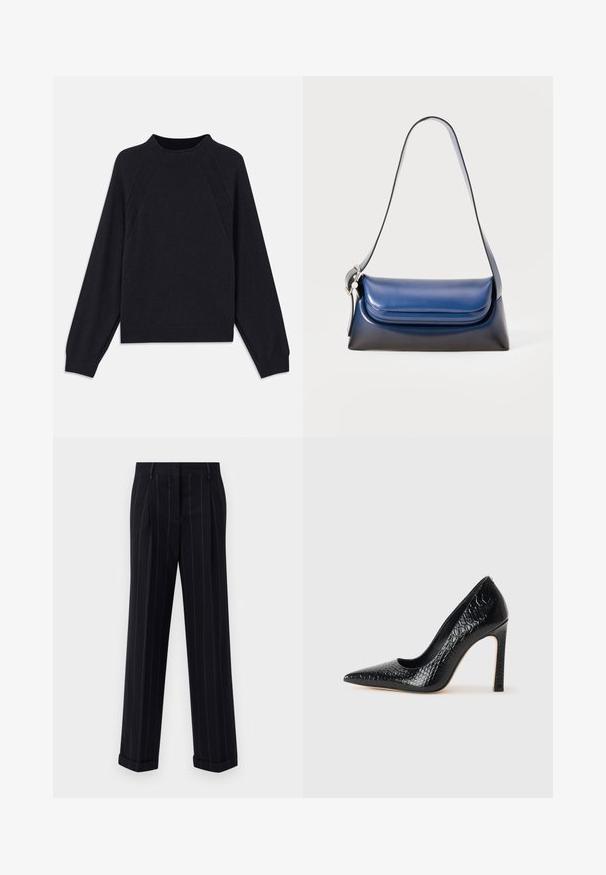 Pull en marine foncé avec un col rond, des manches raglan longues, des poignets côtelés et un ourlet droit. Fabriqué en un matériau tricoté doux et texturé.; Pantalons noirs à rayures fines avec une coupe ajustée, dotés d'un ourlet à revers et de plis avant. Fabriqués en tissu lisse avec un design structuré.; Escarpin noir à bout pointu avec texture en cuir de crocodile, présentant un design élégant, un haut talon aiguille et un intérieur noir lisse.; Sac en cuir bleu marine avec une finition lisse, présentant une forme arrondie, un haut plié et une seule bandoulière. Inclus, un accent en matériel argenté.