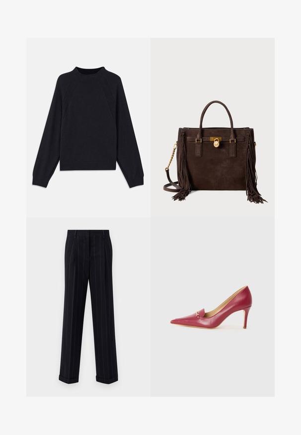 Pull en marine foncé avec un col rond, des manches raglan longues, des poignets côtelés et un ourlet droit. Fabriqué en un matériau tricoté doux et texturé.; Pantalons noirs à rayures fines avec une coupe ajustée, dotés d'un ourlet à revers et de plis avant. Fabriqués en tissu lisse avec un design structuré.; Escarpin à bout pointu en cuir rouge avec une finition lisse, présentant un petit rabat et des détails en métal doré sur le dessus.; Sac à main en daim brun foncé avec deux poignées, quincaillerie dorée, bandoulière en chaîne ajustable et accents décoratifs en franges sur les côtés.