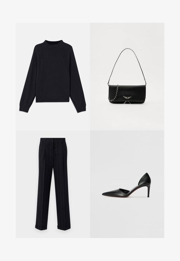 Tmavě námořnický svetr s kulatým výstřihem, dlouhými raglánovými rukávy, žebrovanými manžetami a rovním lemem. Vyroben z měkké, texturované pleteniny.; Černé pruhované kalhoty s úzkým střihem, se zúženým lemem a předními sklady. Vyrobené z hladkého materiálu se strukturovaným designem.; Černé kožené lodičky na vysokém podpatku s špičatou špičkou, otevřenými stranami a elegantním tvarem. Disponují tenkým podpatkem a akcentem červené podrážky.; Černá kožená kabelka se stříbrným řetízkovým popruhem, zdobená dekorativními křídly a bílým prošíváním podél spodního švu.