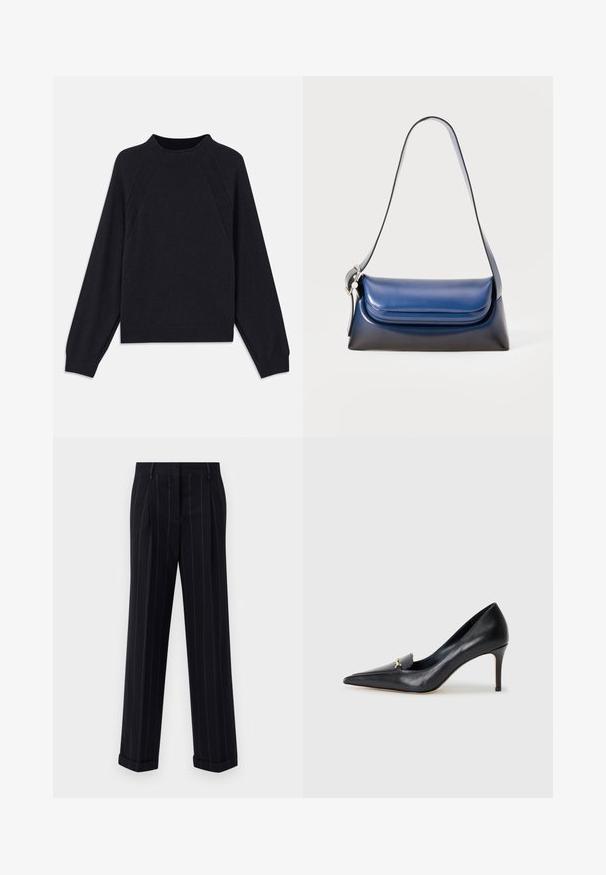 Tmavomodrý sveter s okrúhlym výstrihom, dlhými raglánovými rukávmi, rebrovanými manžetami a rovnom lemom. Vyrobený z mäkkého, textúrovaného pleteného materiálu.; Čierne pruhované nohavice s prispôsobeným strihom, s manžetou na leme a prednými záhybmi. Vyrobené z hladkej tkaniny so štruktúrovaným dizajnom.; Čierne kožené lodičky s špicatou špičkou, nízkym vampom a dekoratívnym zlatým akcentom. Majú podpätok typu stiletto a hladký povrch.; Námorná kožená kabelka s hladkým povrchom, zaobleného tvaru, s preloženým vrchom a jedným ramenným pásom. Obsahuje strieborné kovanie.