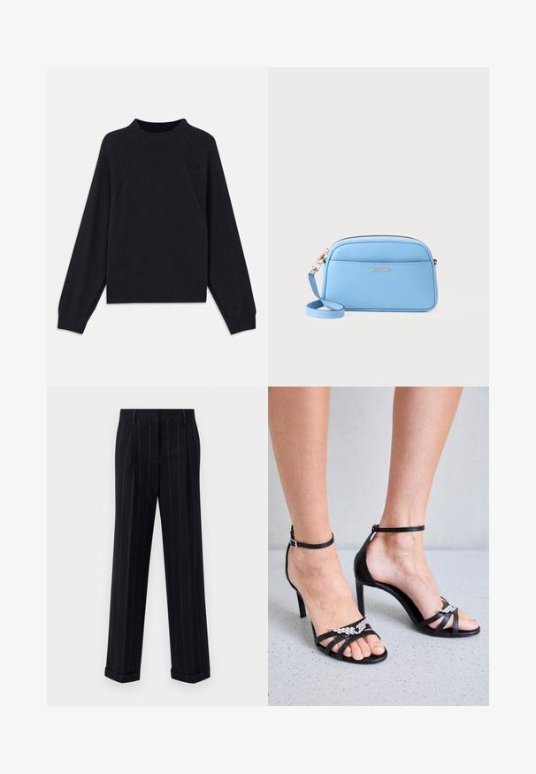 Pull en marine foncé avec un col rond, des manches raglan longues, des poignets côtelés et un ourlet droit. Fabriqué en un matériau tricoté doux et texturé.; Pantalons noirs à rayures fines avec une coupe ajustée, dotés d'un ourlet à revers et de plis avant. Fabriqués en tissu lisse avec un design structuré.; Zadig & Voltaire AMEE WING EMBOSSED IGUANA - Sandales à talons hauts - noir; Sac en cuir bleu clair porté travers avec des accessoires en métal doré, fermeture éclair et une poche avant. Il dispose d'une bandoulière réglable pour plus de commodité.