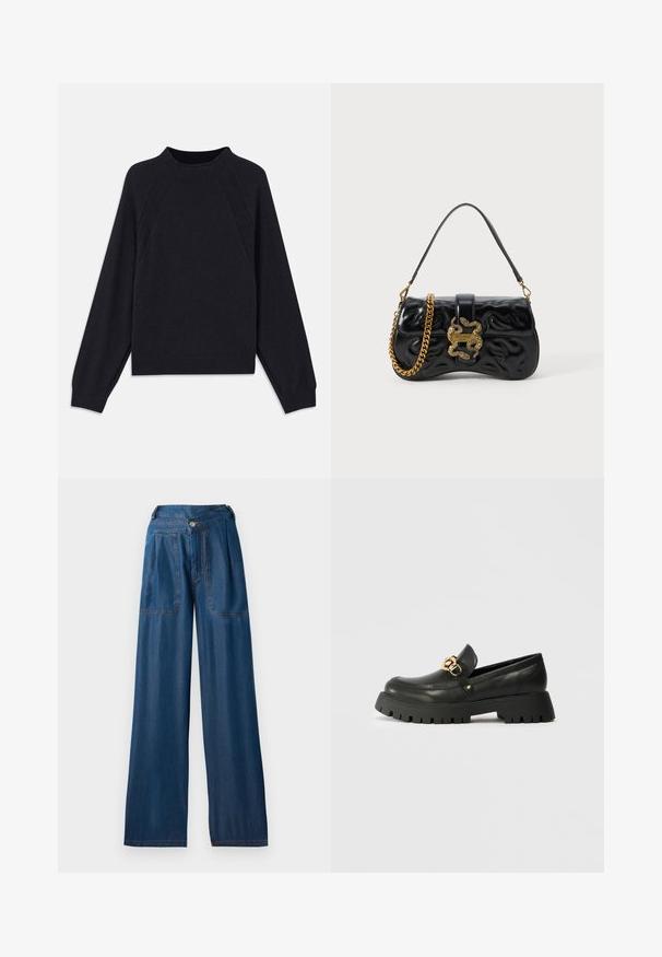 Mørk marinblå genser med rund hals, lange raglanermer, ribbestrikkede mansjetter og rett fald. Laget av et mykt, teksturert strikkemateriale.; Mørkeblå vide denimjeans med to frontlommer, knaplukning og kontrasterende orange syninger.; Svart lær loafers med en tykk, teksturert gummisåle. Har en gullkjede-accent over vampen og en rund tådesign.; Svart faux lær håndveske med preget bølgemønster, gullfarget kjede reim, og en dekorativ slangeformet lås med logodetalj.