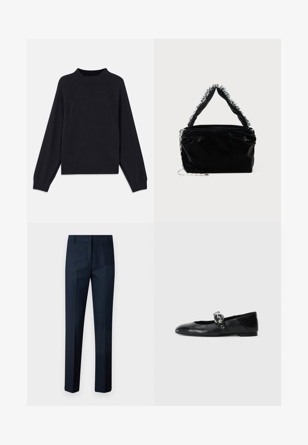 Tamno plavi pulover s okruglim izrezom, dugim raglan rukavima, rebrastim manžetama i ravnim donjim rubom. Izrađen od mekog, teksturiranog pletenog materijala.; Mornarske hlače izrađene od glatkog materijala, s ravnim krojem nogavica, ravnim prednjim dijelom i bez vidljivih džepova ili ukrasa.; Crne kožne baletanke s špicastim nosom, s remenom s okruglom metalnom kopčom i ravnim potplatom.; Crna torbica od umjetne kože s teksturiranim završetkom, koja sadrži perlicu srebrnu detalj duž gornje ručke i lančanu naramenicu.